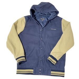 Volcom Jacket Men XL Blue Tan Bomber Varsity Letterman Snap Hoodie Skate Cotton
